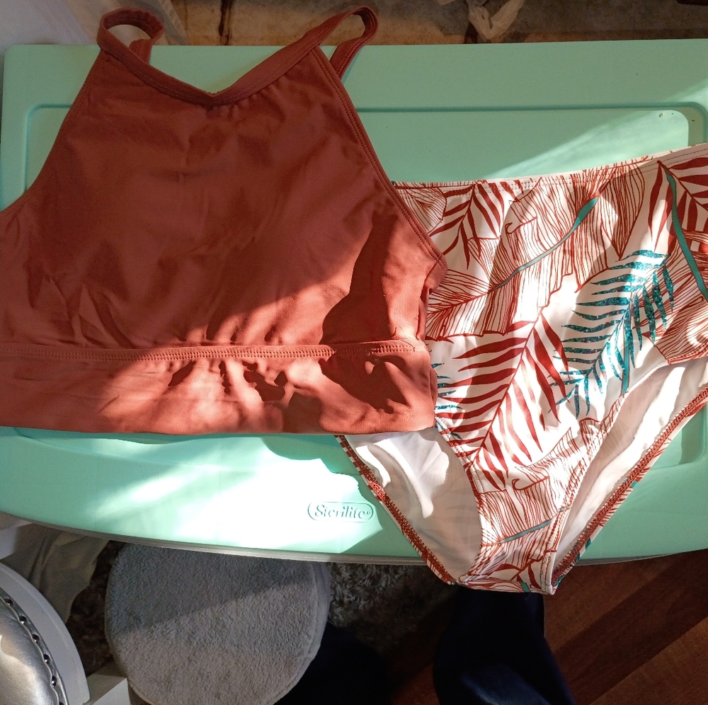 Rust Bikini Top and Leaf Print Bottom